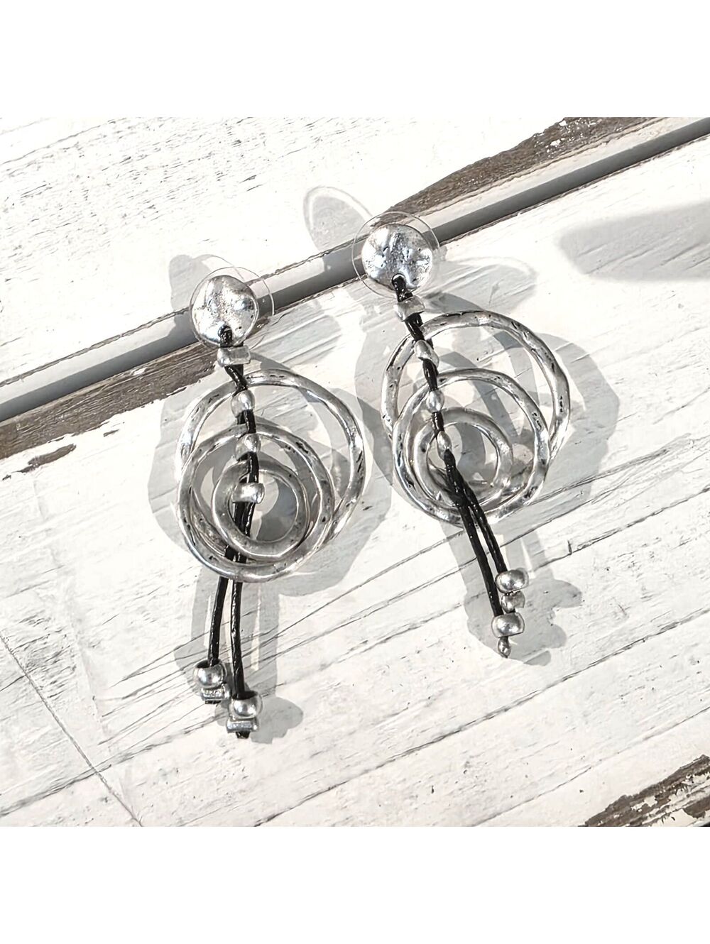 Silver-Tone Dangle Earrings With Black Cord & Bead Accents Circular Design
